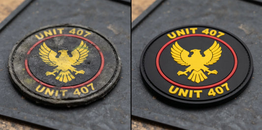 Side-by-side comparison of PVC patch color quality: blurry, bleeding edges versus razor-sharp, high-density pigment separation.