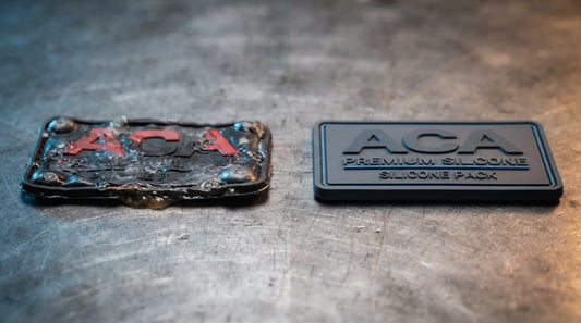 Comparison of patches after heat exposure: PVC is melted, silicone is stable.