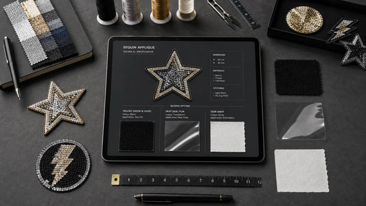 Flat lay of custom sequin appliques wholesale samples showcasing various backing options like velcro and heat seal.