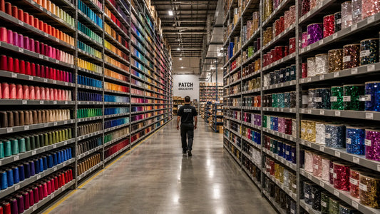 Massive factory material library with threads and sequins for custom patches wholesale.