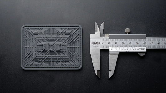 Professional precision measurement setup showing a stainless steel vernier caliper beside a custom silicone patch for zero variance guarantee