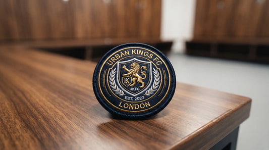 A detailed close-up of one custom football patch placed on a clean wooden locker bench.