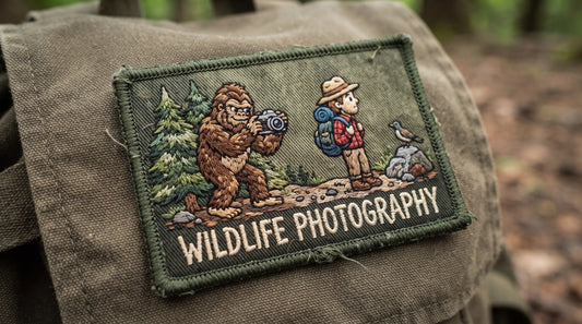 A witty embroidered patch showing a Sasquatch hiding behind a tree and taking a photo of a hiker, with the text "Wildlife Photography."