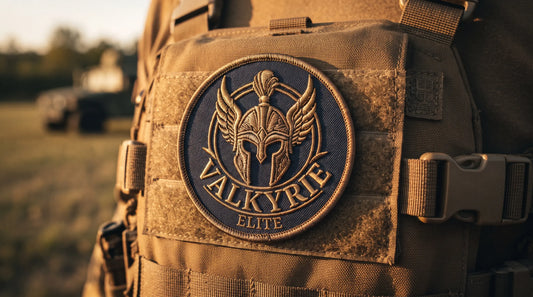 A detailed gold and bronze embroidered Valkyrie morale patch on a coyote brown chest rig.