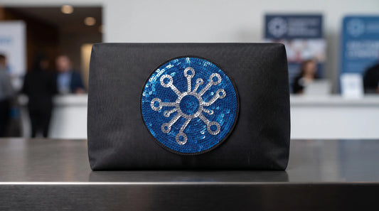 A high-quality photo of a single 3mm flat sequin patch, custom-branded for a Tech Summit with precise Pantone color matching, displayed on a corporate gift bag surface.