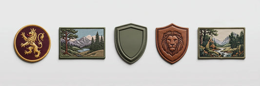 A clean panoramic image showing five different custom patch materials (embroidered, woven, PVC, leather, printed) arranged in a neat row, being scanned by a precise laser to ensure zero design errors.