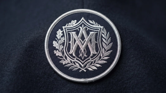 Sophisticated navy fabric patch with metallic thread embroidery detail